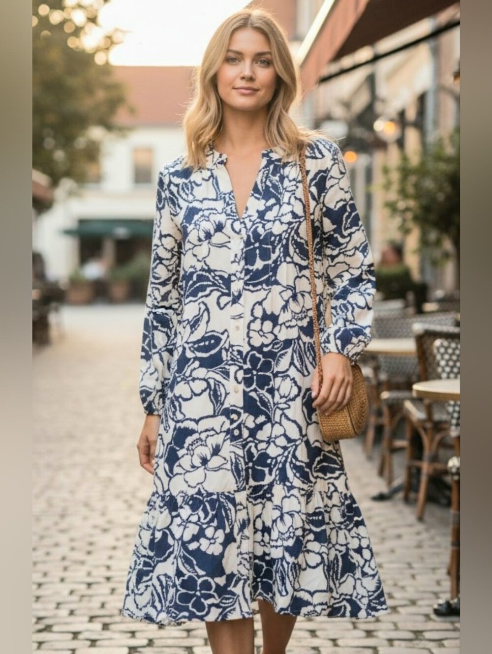Rachel Zoe Navy and Cream Floral Long-Sleeve Midi Dress